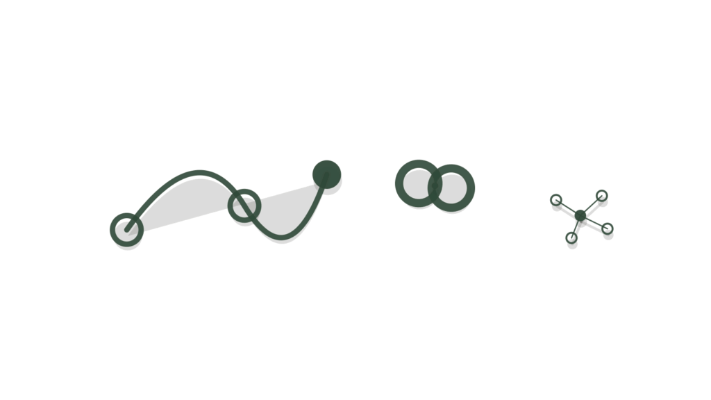 Brass flow line linking a chain link and scattered network dots, showing scattered records joining up.