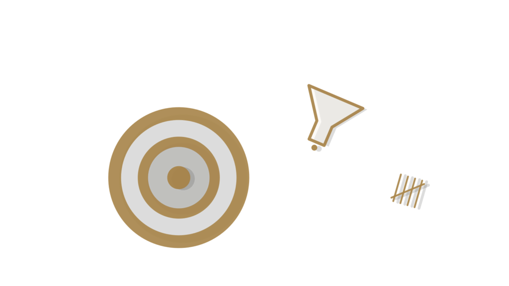 A brass funnel catching counting tokens beside a target ring, showing visitors narrowing toward a conversion.