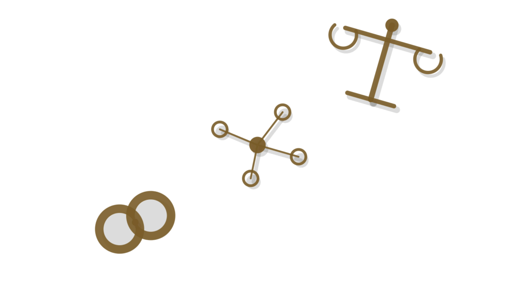 A brass chain link over a small dot network beside a balanced scale, showing matched product pairs.