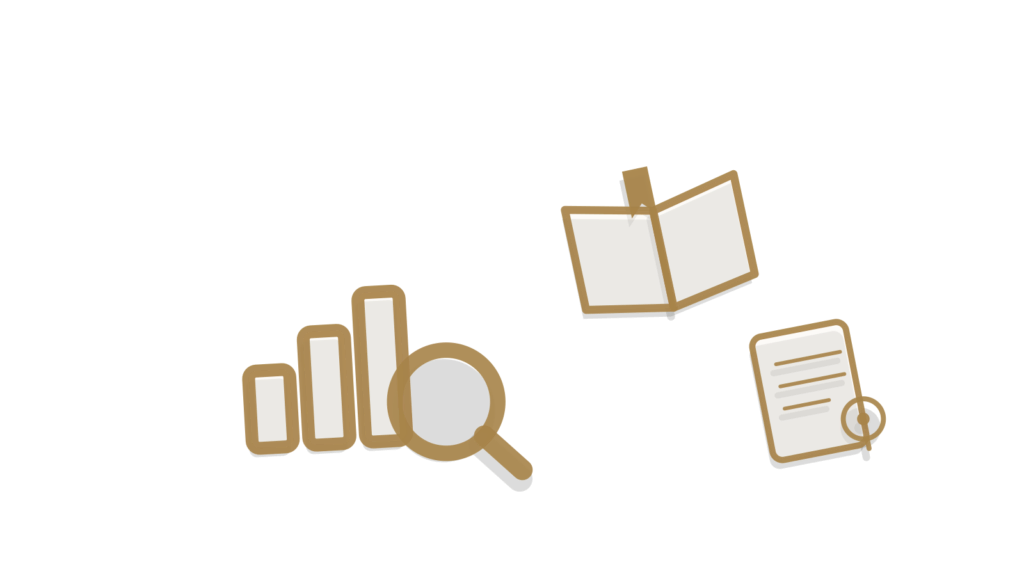 A dial gauge, book tab and index card arranged at an angle, showing a curriculum being structured.