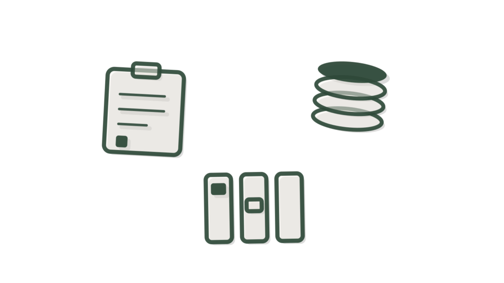 An index card box with one card raised beside a brass date stamp, showing a client complaint logged and placed.