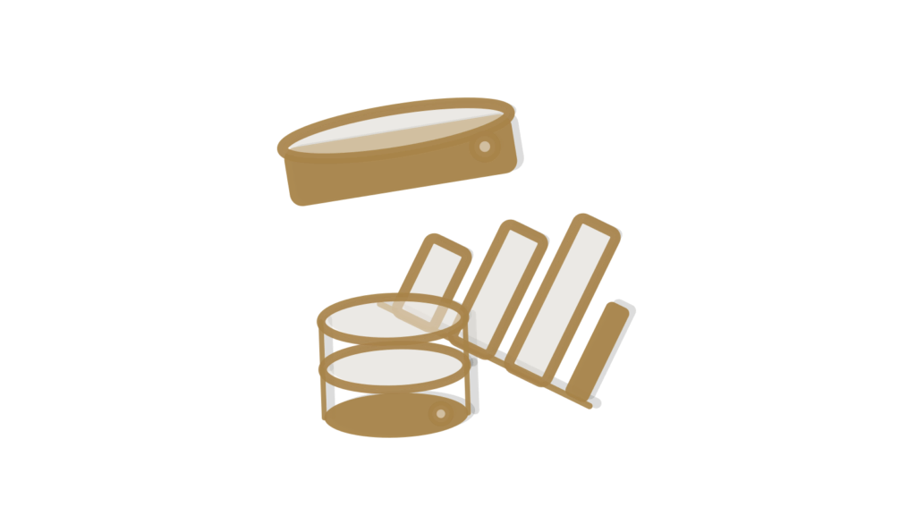 Isometric tray holding a paper bar chart beside a brass data cylinder, standing in for feedback grouped into tracked themes.