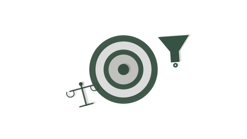 Paper-collage target ring, funnel and scale balance, standing in for signals combined into one account health score.