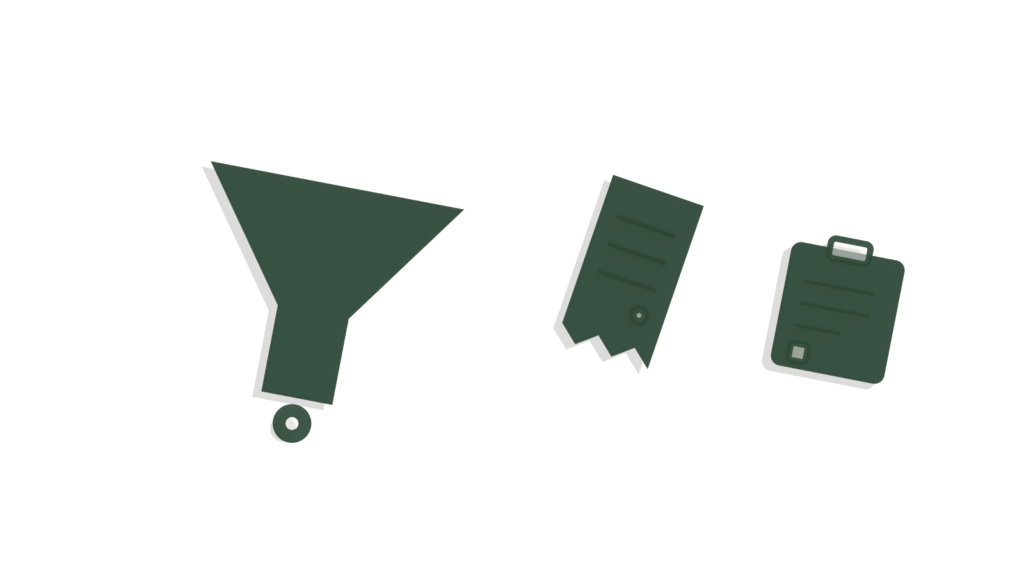 Funnel, receipt and clipboard arranged flat, showing scattered customer data combined into one view.