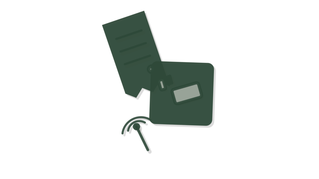 A slate speech bubble beside a bookmarked booklet and green tags, showing a stuck user sent the right help article.