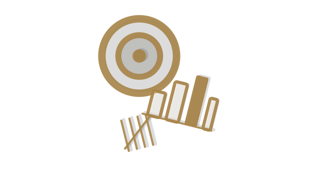 Brass target ring beside a green paper bar chart and a tally stick, showing leads ranked by score.