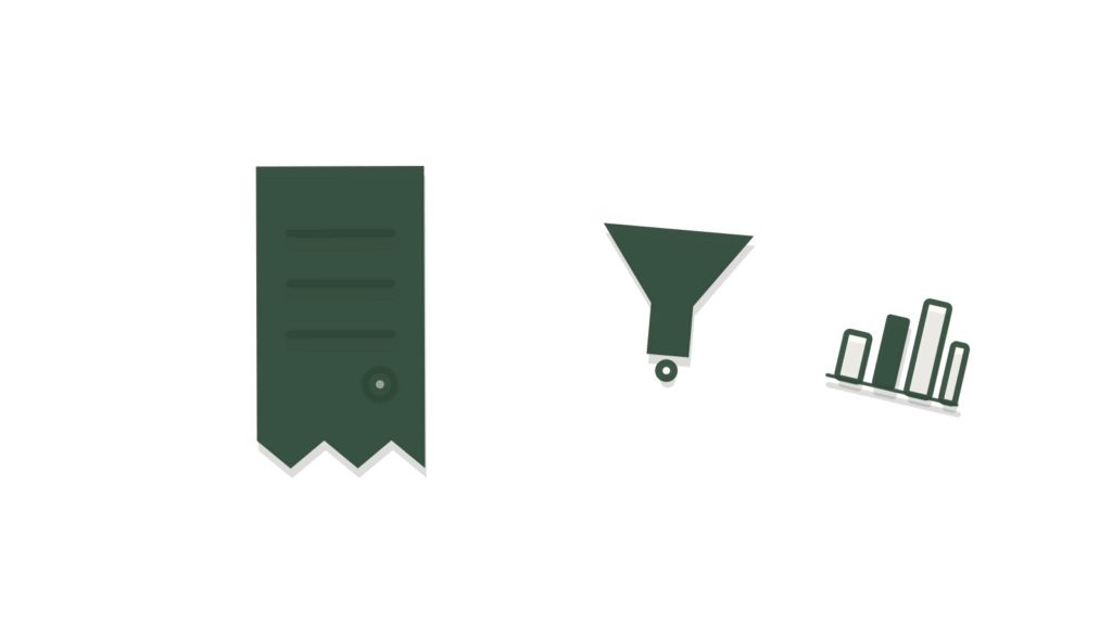 A store receipt, a brass funnel and a bar chart card, standing in for customers sorted into groups.