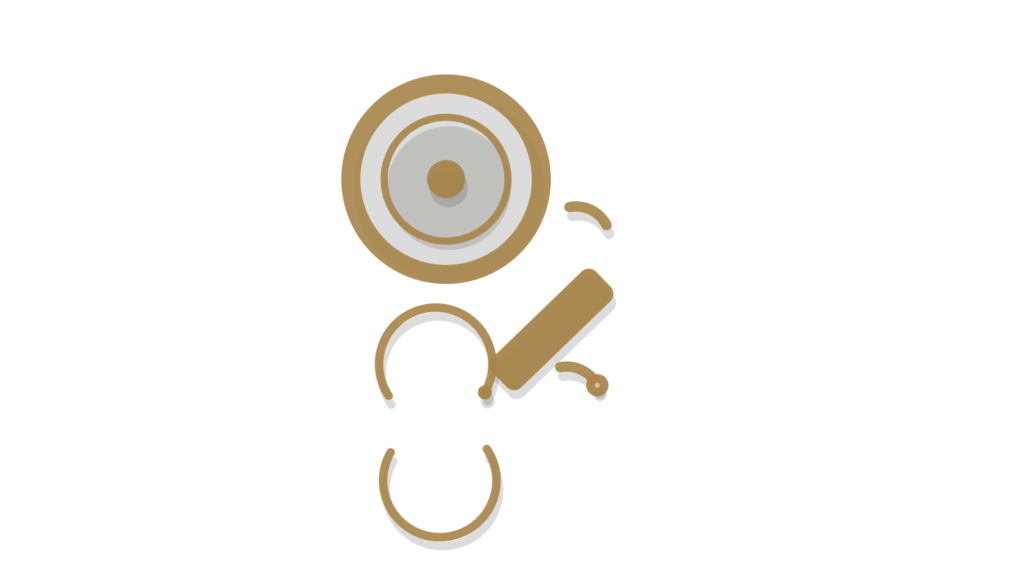 A brass token coin, a wrench and looping sync arrows, showing a service or sales question tracked to resolution.