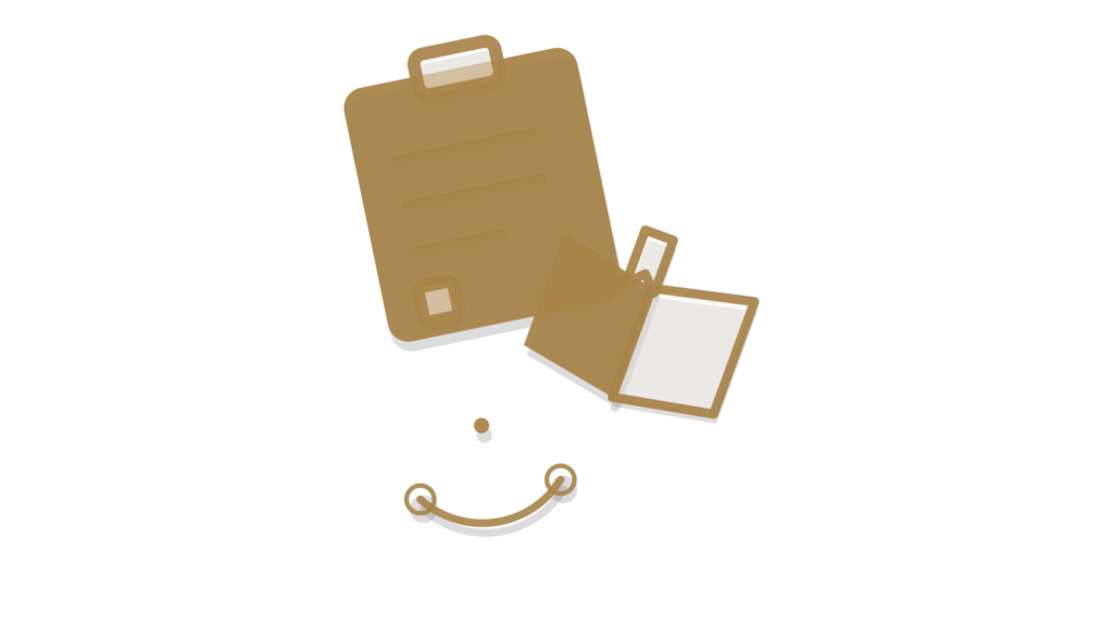 A clipboard, an open book with a brass tab and a bridge arc, showing an enrollment question tracked to resolution.