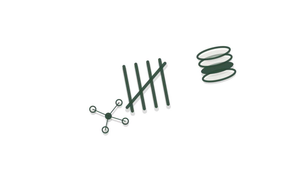 A paper tally mark, a stack of coins and a small dot network, showing an account question logged and routed.