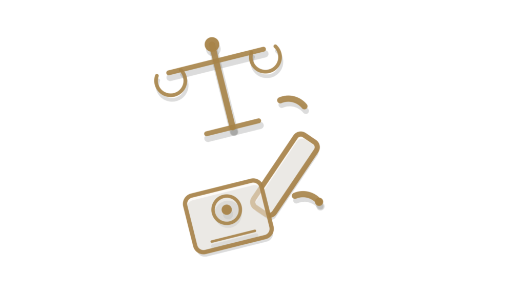 A balance scale, a wrench and a target ring arranged isometrically, showing a quote request weighed and booked precisely.