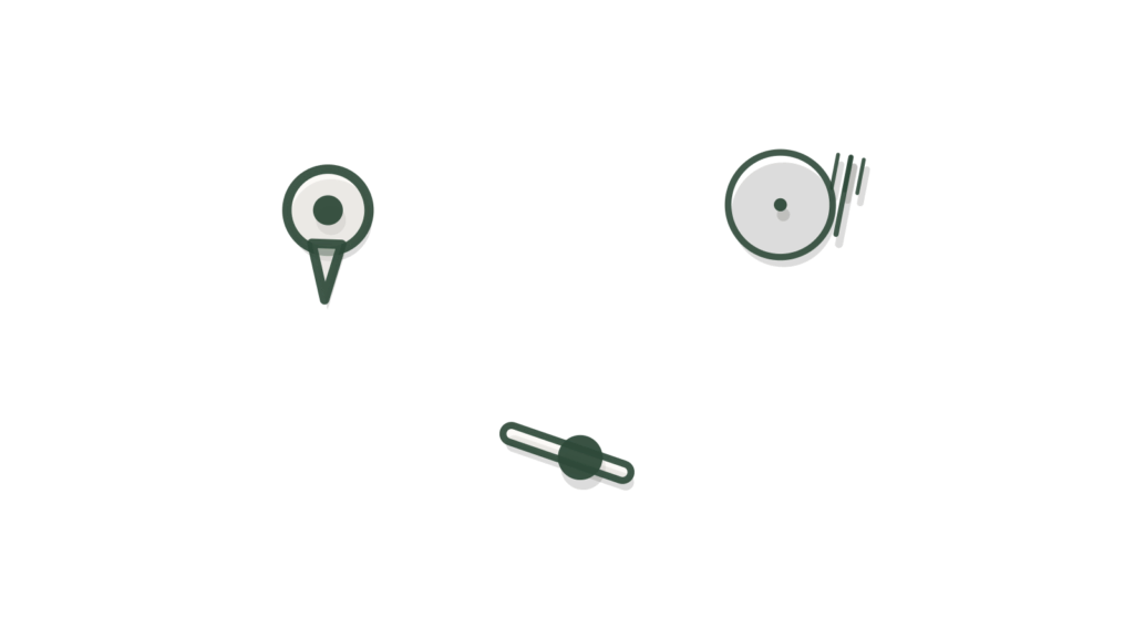 A map pin, a fork on a small plate and a slider control scattered on a desk, showing a reservation and order kept on track.