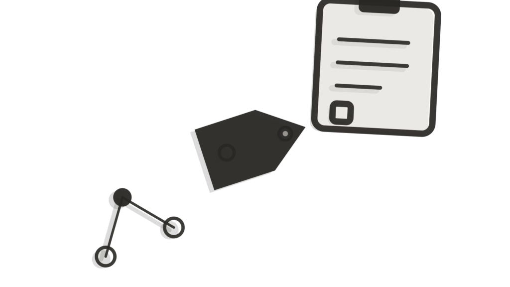 A linked flow-node sculpture, a shopping tag and a clipboard, showing an order question resolved across channels.
