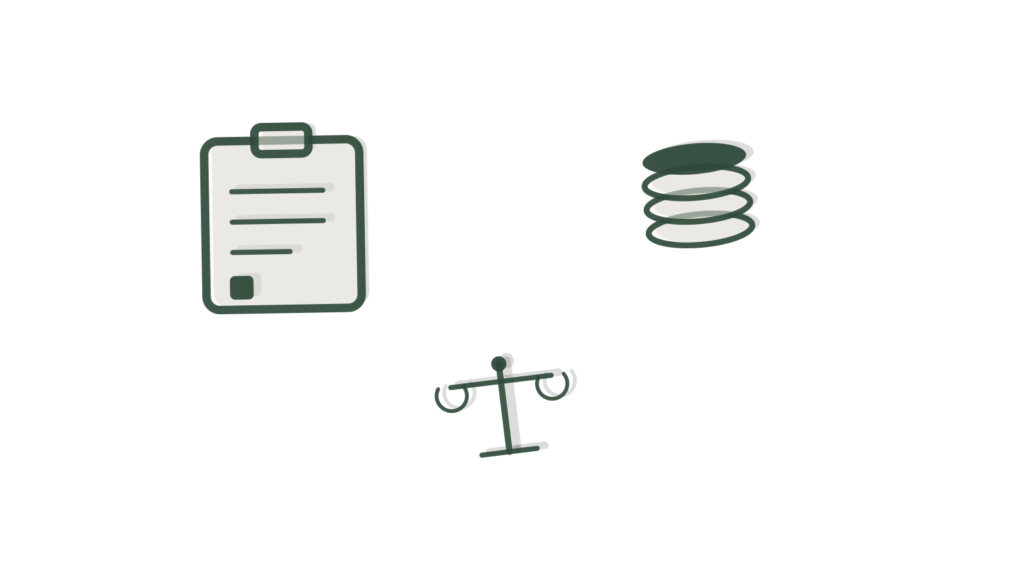 A clipboard checklist, a stack of coins and a small balance scale, showing support and billing questions resolved.