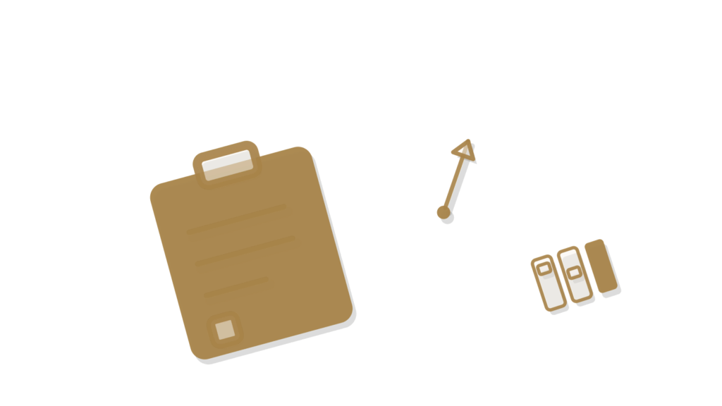 A clipboard beside a linked flow-node sculpture and looping sync arrows, showing a question resolved and logged.
