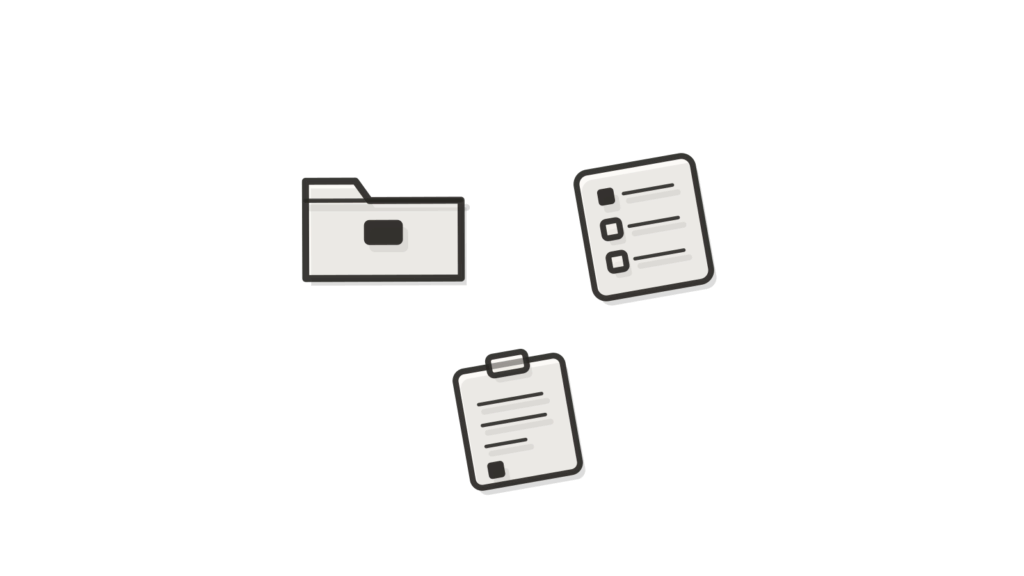 Folder, checklist and clipboard arranged in a grid, showing data sorted and classified for AI use.