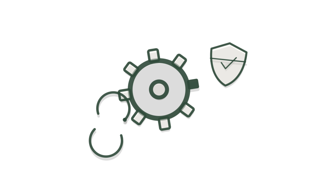 Paper-cut gear, shield and sync arrows, showing data movement watched for exposure.