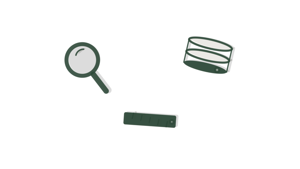 A magnifying glass over a data cylinder with a ruler, standing for a deal examined before a call.