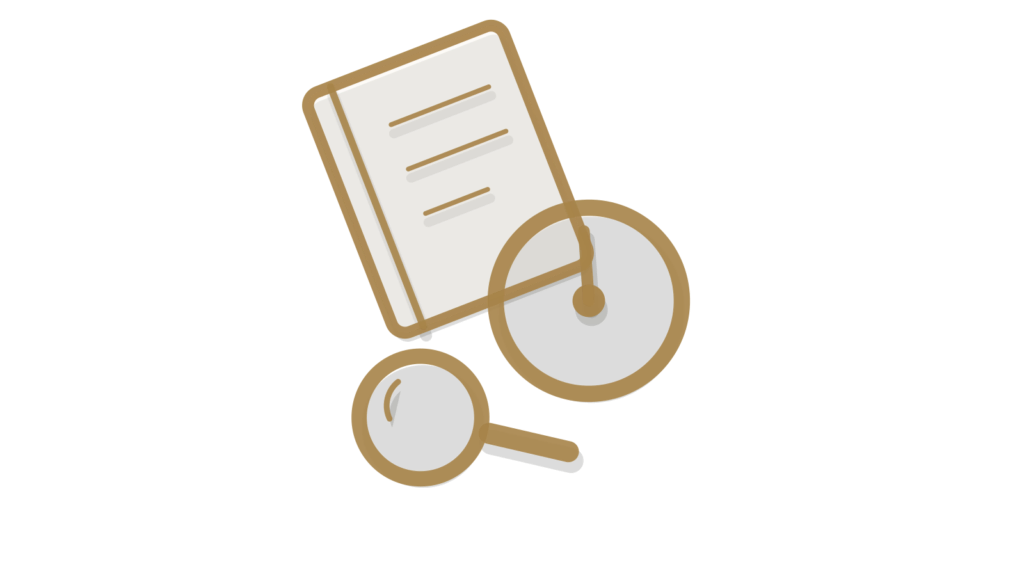 Open notebook, brass dial and magnifying glass arranged isometrically for weighing a business decision.