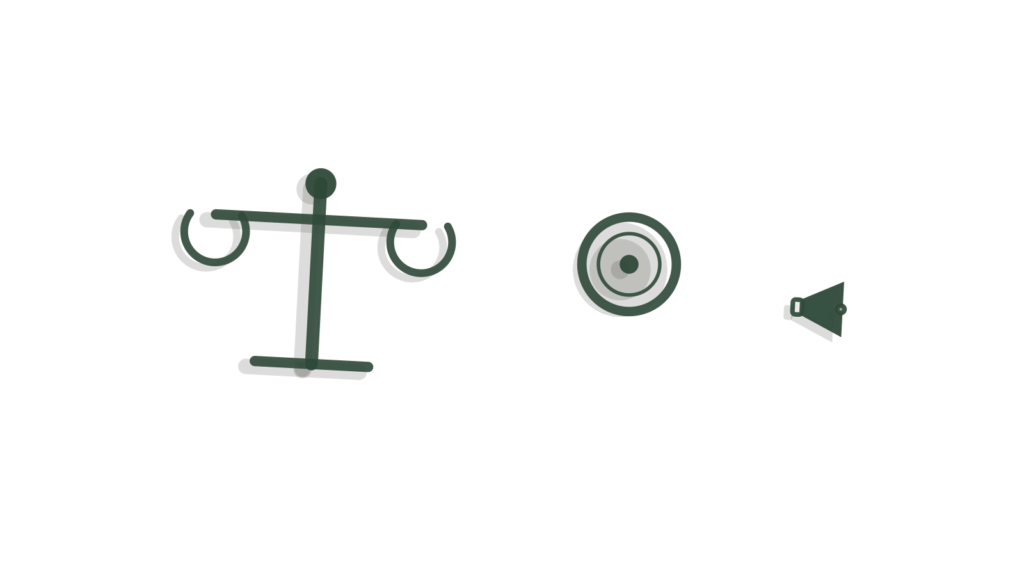 A brass balance scale weighing a coin against a small megaphone, showing channels working in coordinated balance.