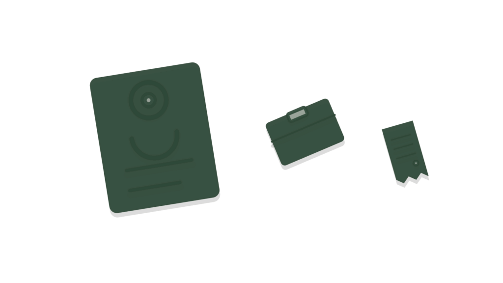 Ruled form, small box and a curled receipt sorted into groups, standing for documents tagged by type.