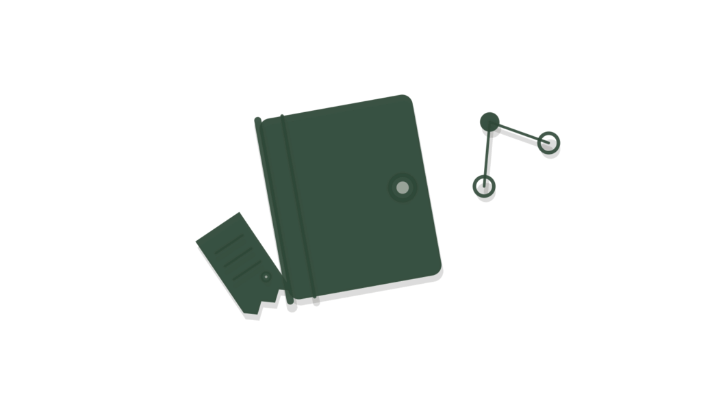 Closed book, paper flow nodes and a curled receipt strip, representing one document set turned into answers.