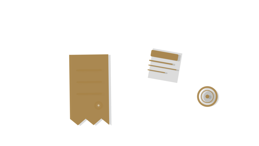 A curling paper page, a cursor-shaped block and a brass token, suggesting a document being drafted.