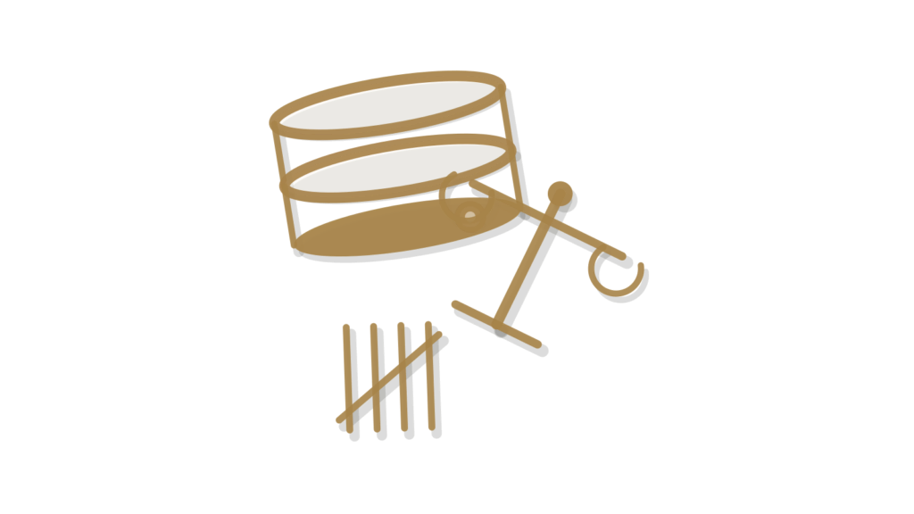 Isometric database cylinder beside a brass scale and tally counters, store data turned into a balanced answer.