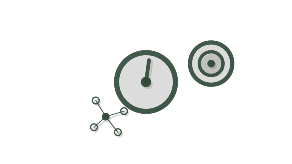 A dial, a target ring and scattered connected nodes, representing repeat customers scored for drifting buying risk.