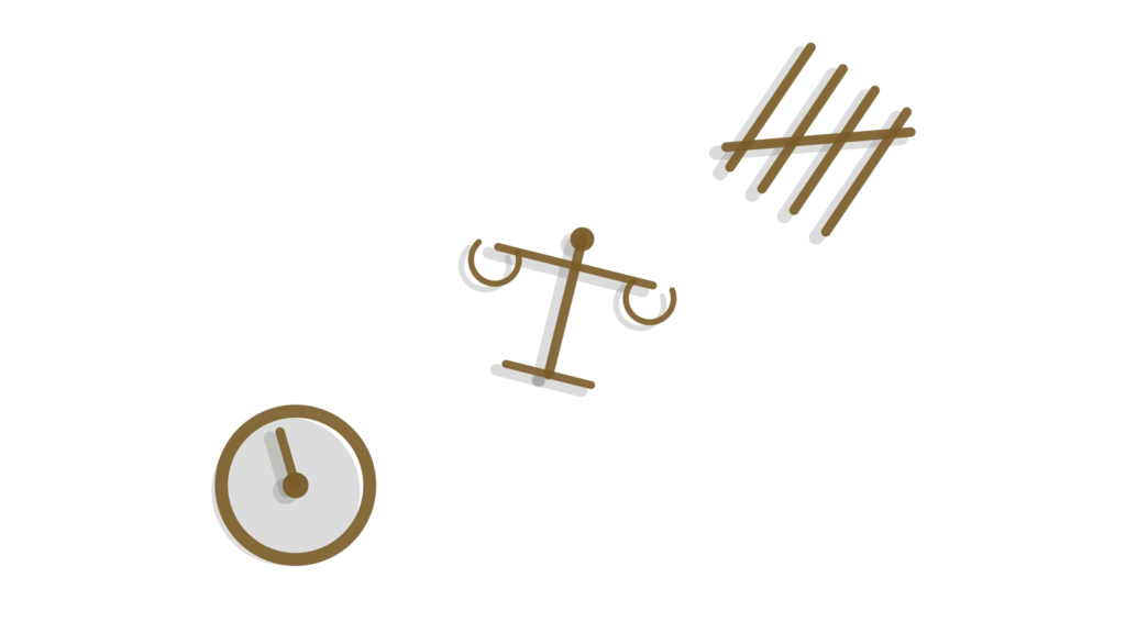 A dial gauge, brass scale and tally counter arranged in a diagonal stack, standing for a checked, batched creative system.
