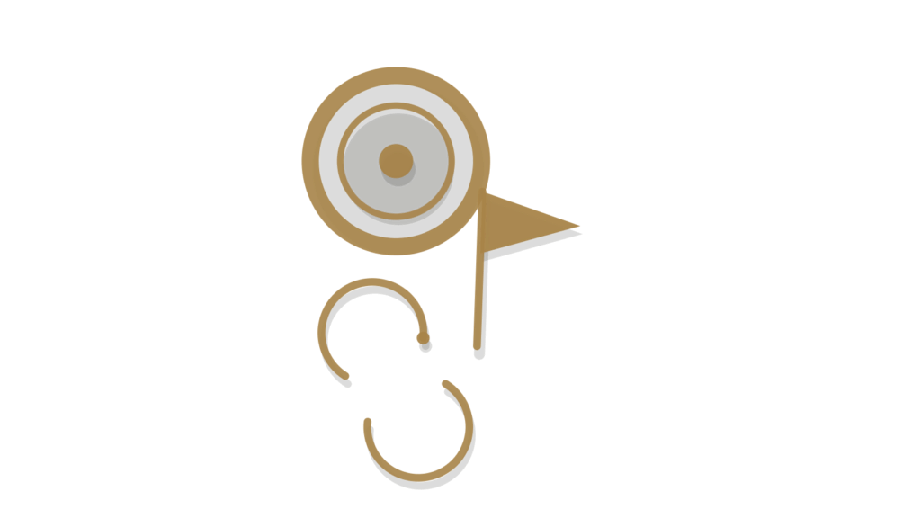 A coin, a flag pennant and looped sync arrows arranged isometrically, representing routine store tasks kept in order.