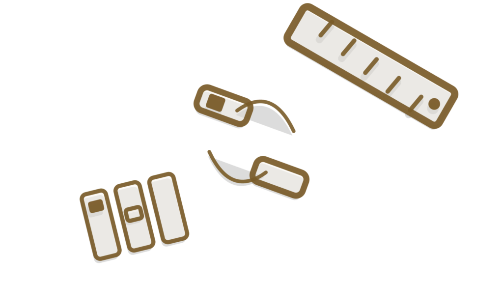 Three brass trays of envelopes in a row with a tally counter at the end, showing contacts sorted into lists before a send.