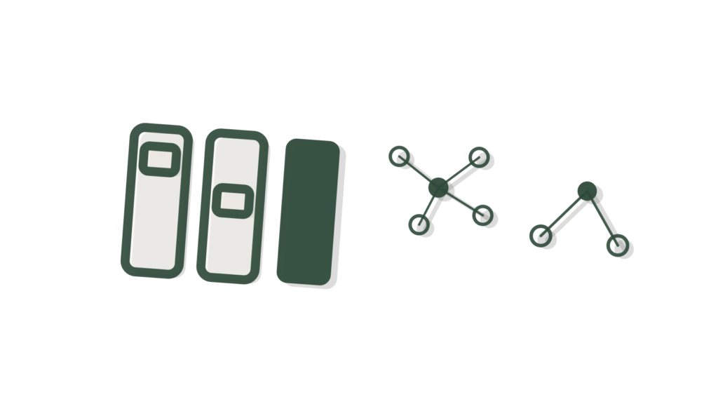 Tags on brass rings with three tied together beside an envelope and a pie token, showing an audience grouped before a send.