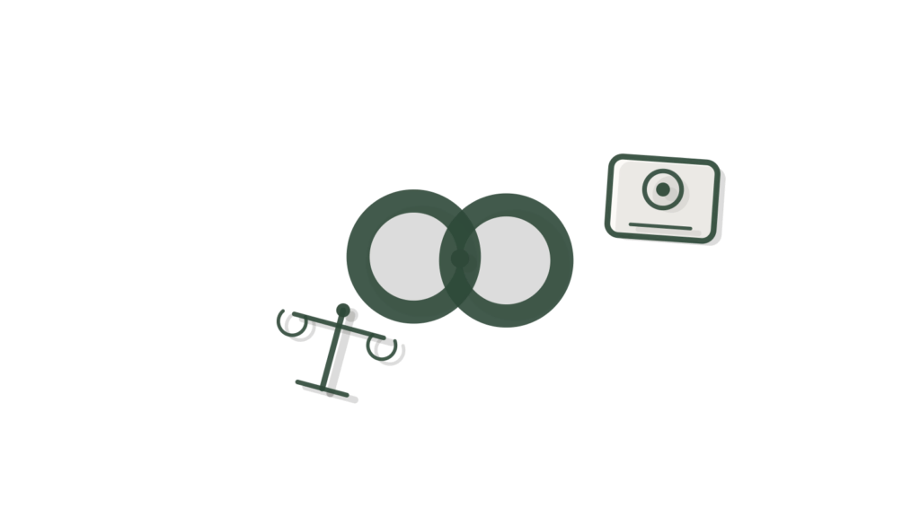 A chain link, target ring and level scale in a paper collage, standing for email content matched per recipient.