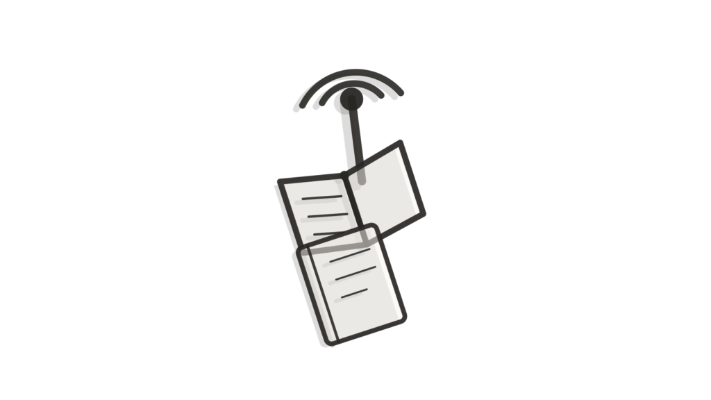 Miniature signal tower, open book and notebook in cross-section, standing in for quick FAQ answers.