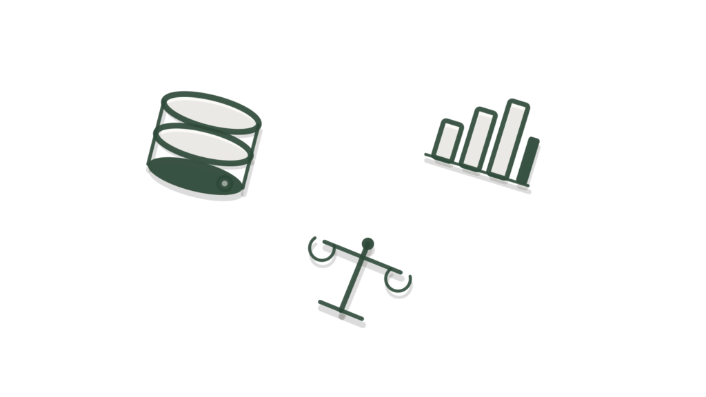 Database token, bar-chart card and brass scale scattered on a desk, standing in for feedback themes.