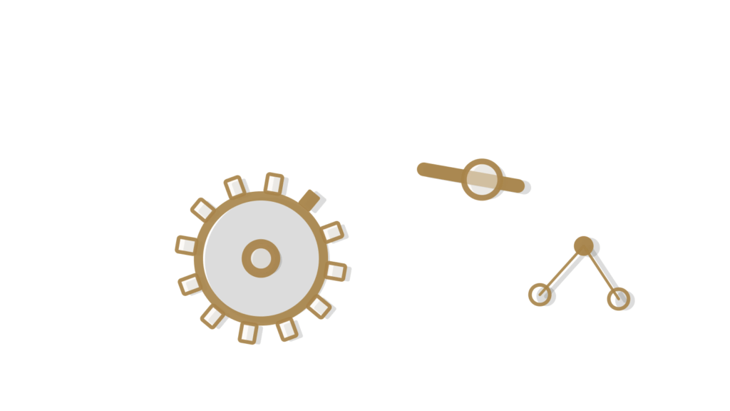 A small brass gear, a slider control and paper flow-node shapes, showing a ticket being flagged for escalation.