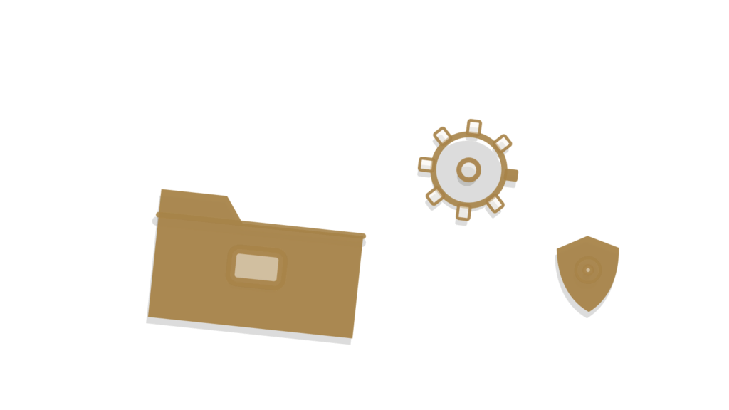 Open folder with a small gear and shield badge, showing AI outputs scored against benchmarks.