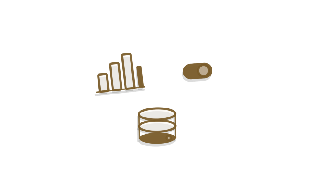 Small cut-card bar chart beside a brass toggle switch and a database icon, representing tracked spend categories.