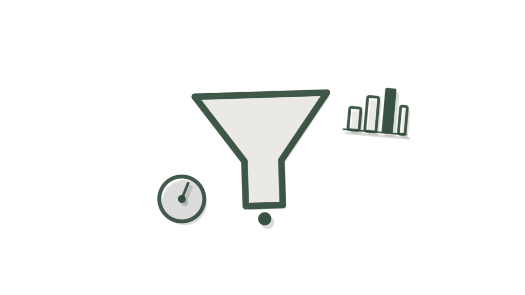 Paper collage of a funnel sorting discs beside a bar chart and dial, representing claims checked against policy.