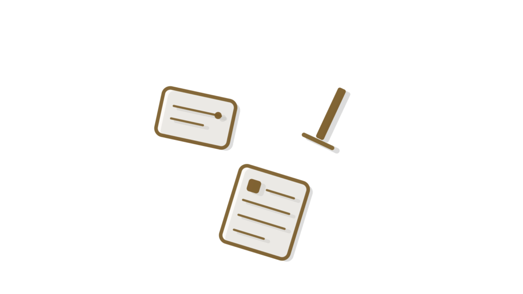 A neat grid of index cards, a small cursor token and a ruled form fragment, showing questions matched to set answers.