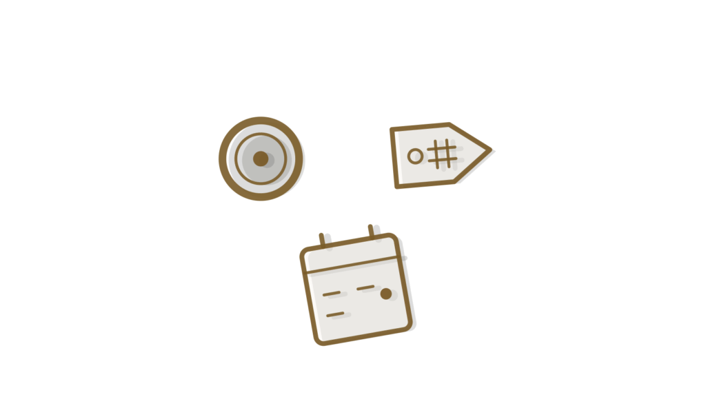 Brass coin, rubber stamp and a folded calendar page in a grid, standing for drafted, approved FAQ content.