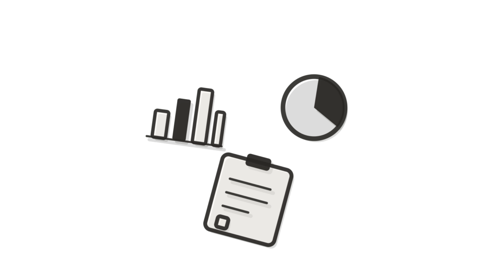 Bar chart model, pie chart disc and clipboard arranged in a grid, standing in for feature requests sorted and ranked.