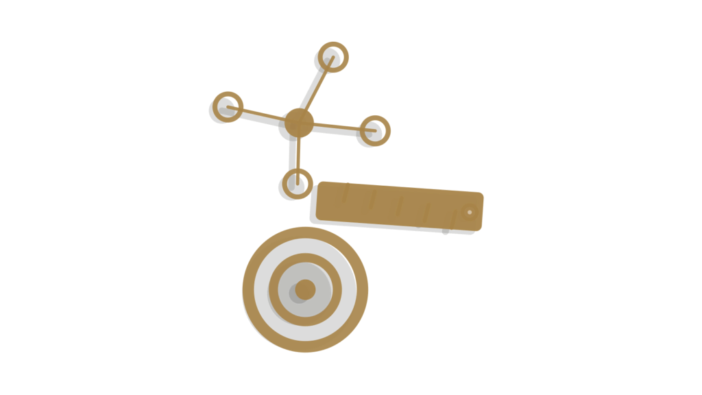 Isometric network of linked accounts with a ruler and target marker, representing close tasks tracked to completion.