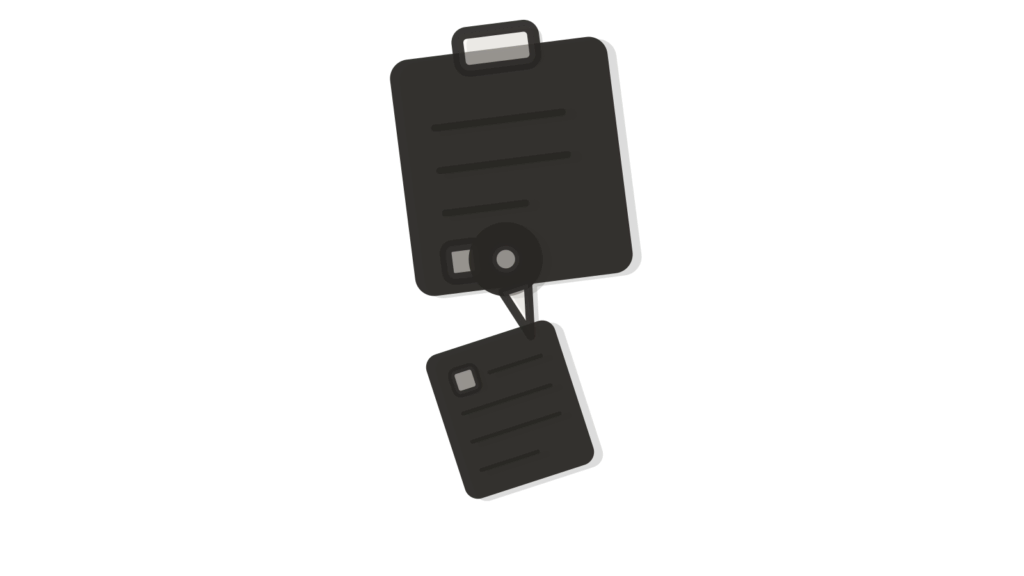 Cross-section of a clipboard and layered ruled forms pinned together, representing documents broken into fields.