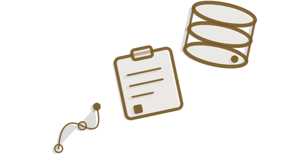 Clipboard and flow line stacked over a database icon, representing figures assembled into a report pack.