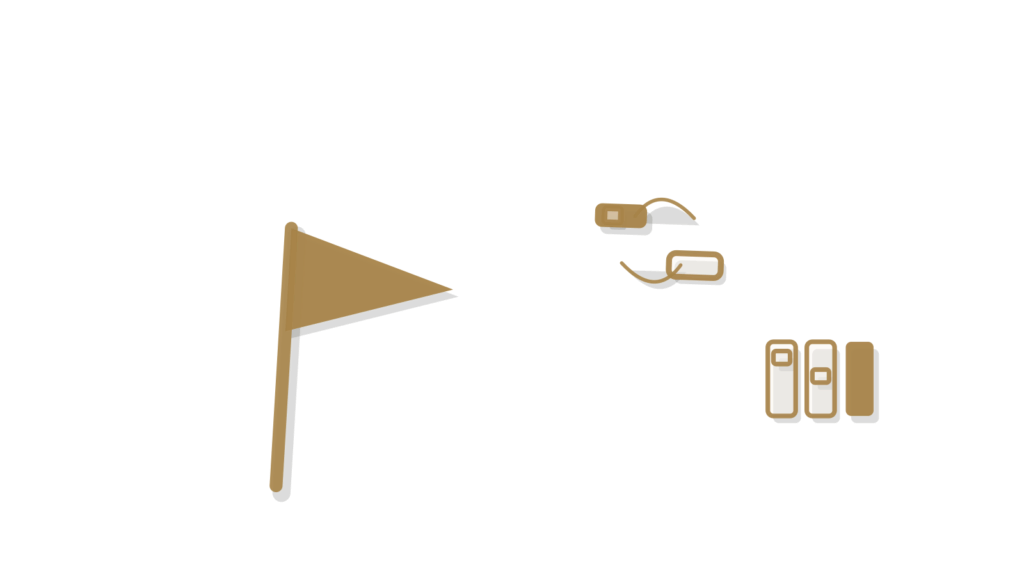 A row of stage blocks with one tipped over, a brass pin and a forward arrow, showing a stalled deal given its next step.