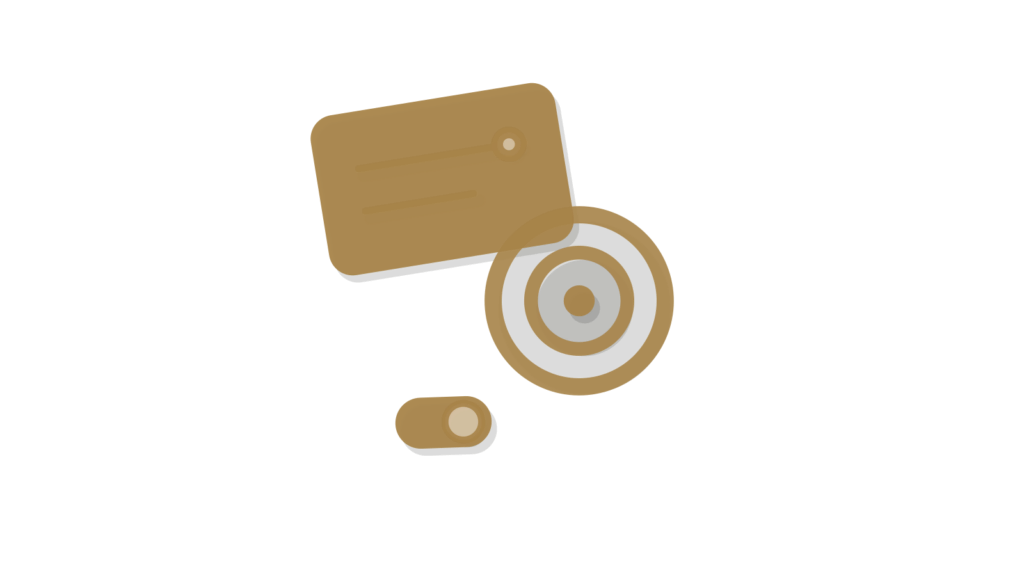 Index card, target-ring disc and toggle switch, showing an assumption set behind a projected number.