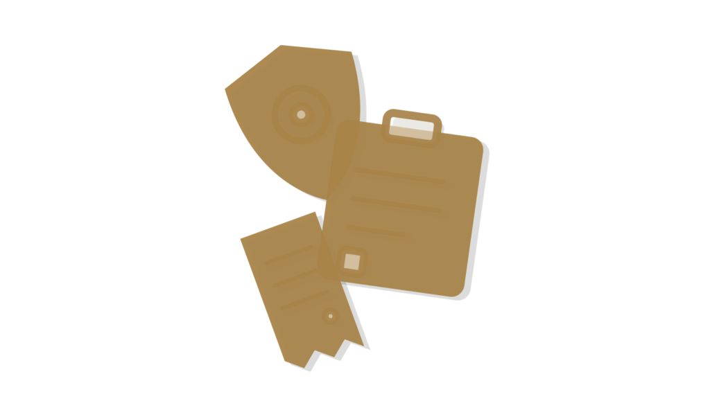 Shield badge, clipboard and receipt arranged together, showing governance status gathered in one view.