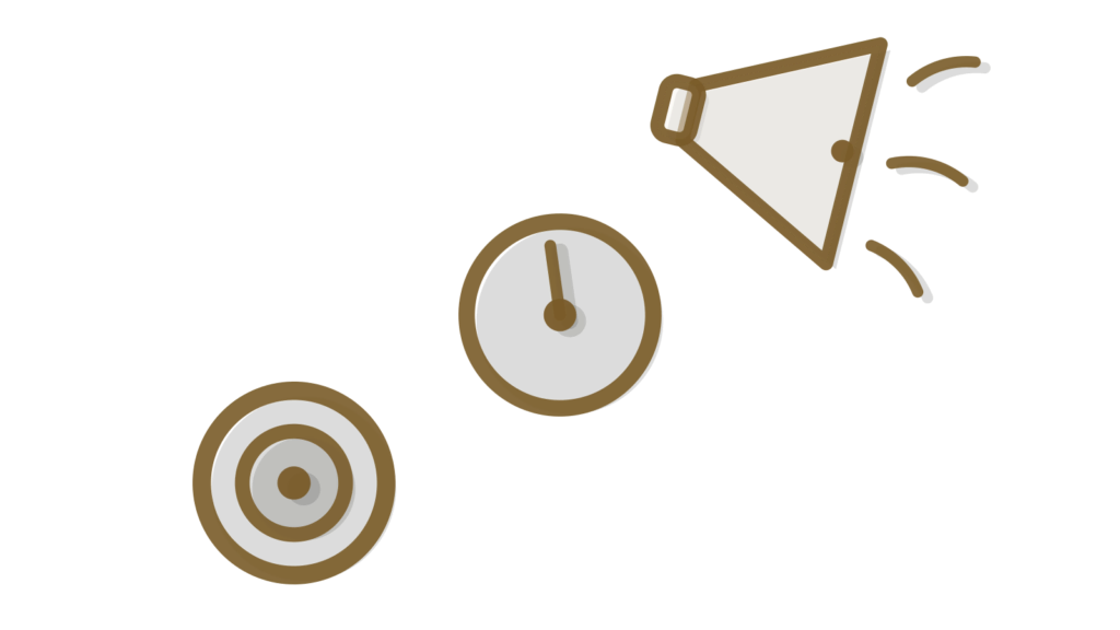 A brass dial gauge leaning against a small megaphone with a target ring behind, showing signals read together each week.